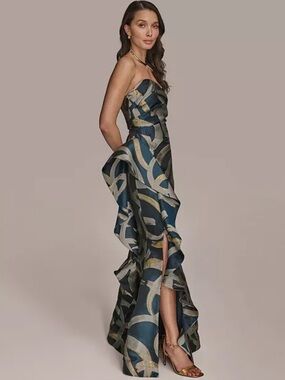Donna Karan Ruffle Strapless Metallic Jacquard Trumpet Gown Tide/Sand SZ 16 New